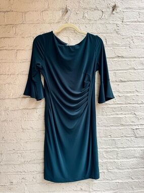 Anne Klein Teal Sheath Dress with Ruching and Fluted Sleeves